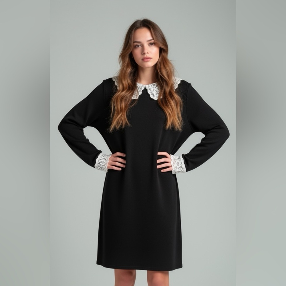 Chic Black Minimalist Dress with Lace Accents
